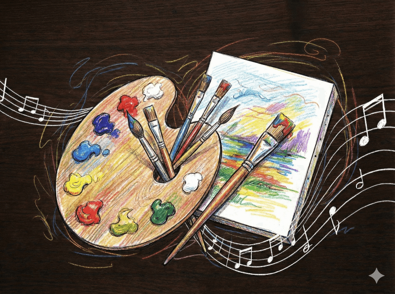 Colorful acrylic paints, palettes, and brushes used for canvas painting classes near Jadavpur and Santoshpur.